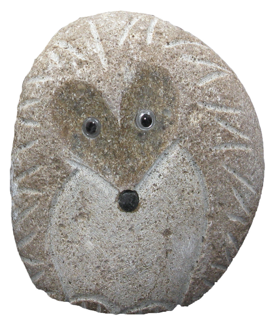 Hand carved natural granite boulder hedgehog statue, 12 inches tall.