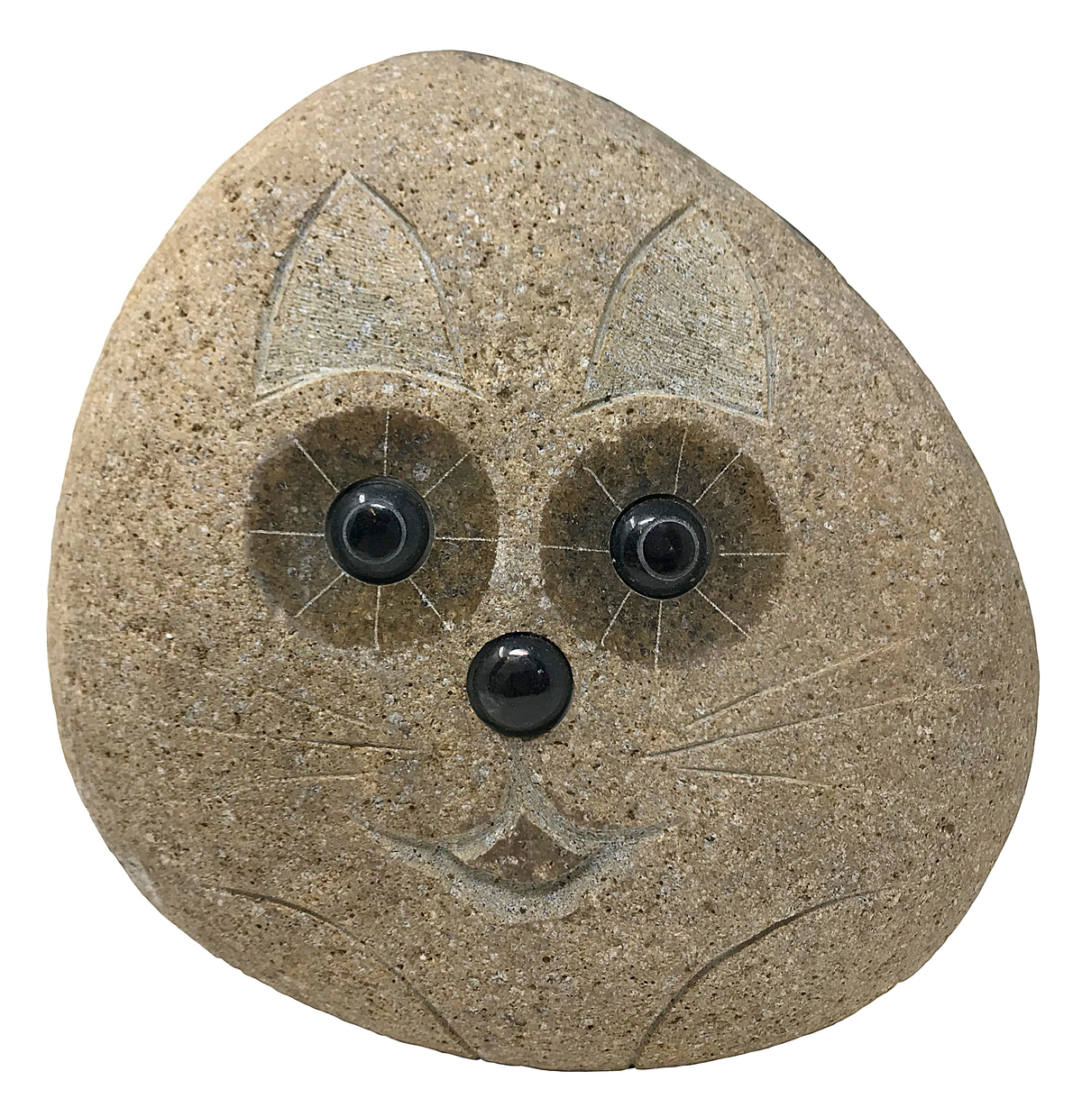 Hand carved natural granite stone cat with unique features, 12 inches in height, ideal for garden decor.