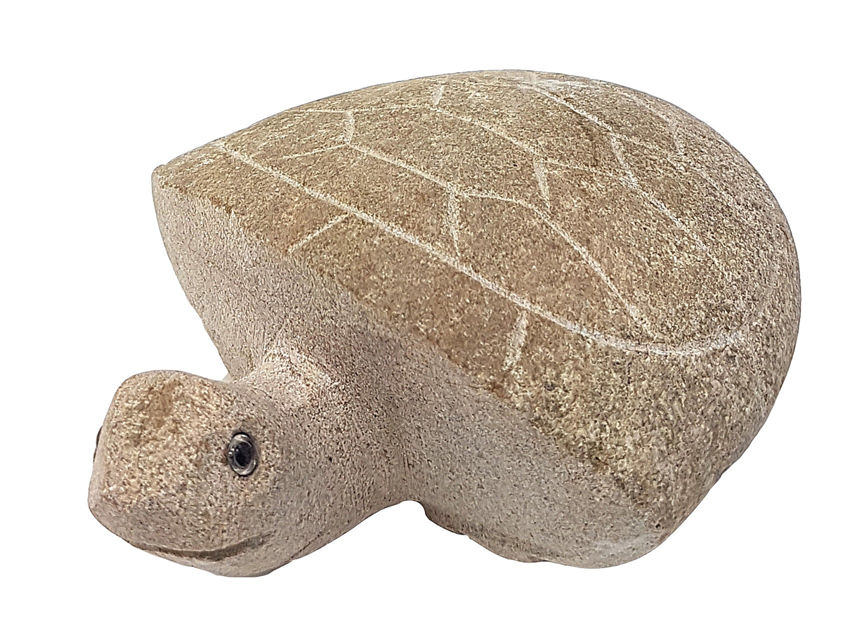 Hand carved natural granite turtle sculpture with smooth shell and inlaid eyes, 6 inches long.