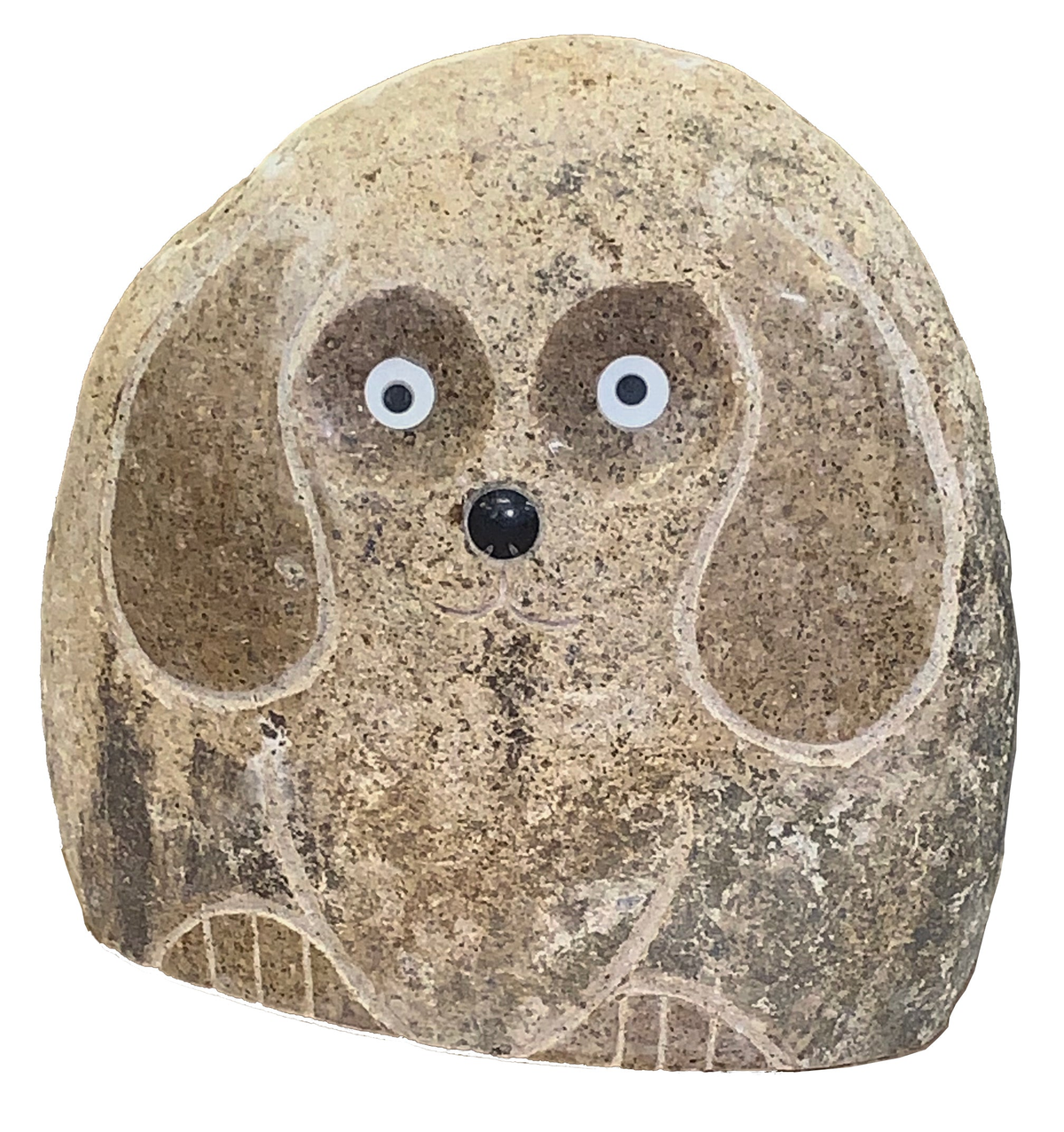 Hand-carved natural granite 12-inch boulder stone dog sculpture with polished ears.