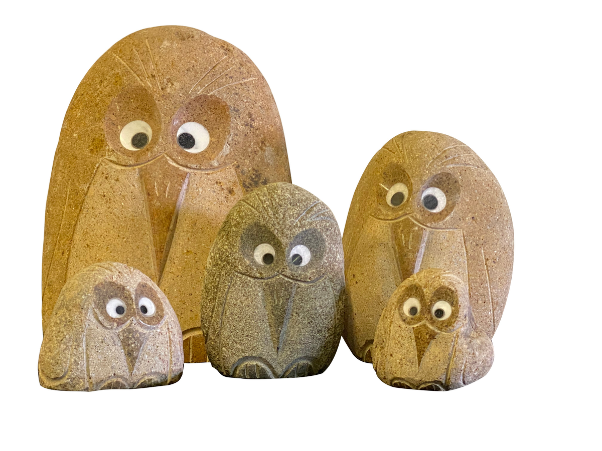 Hand-carved natural granite boulder stone sculptures of angry birds, set of five, featuring unique quartz eyes for garden or home decor.