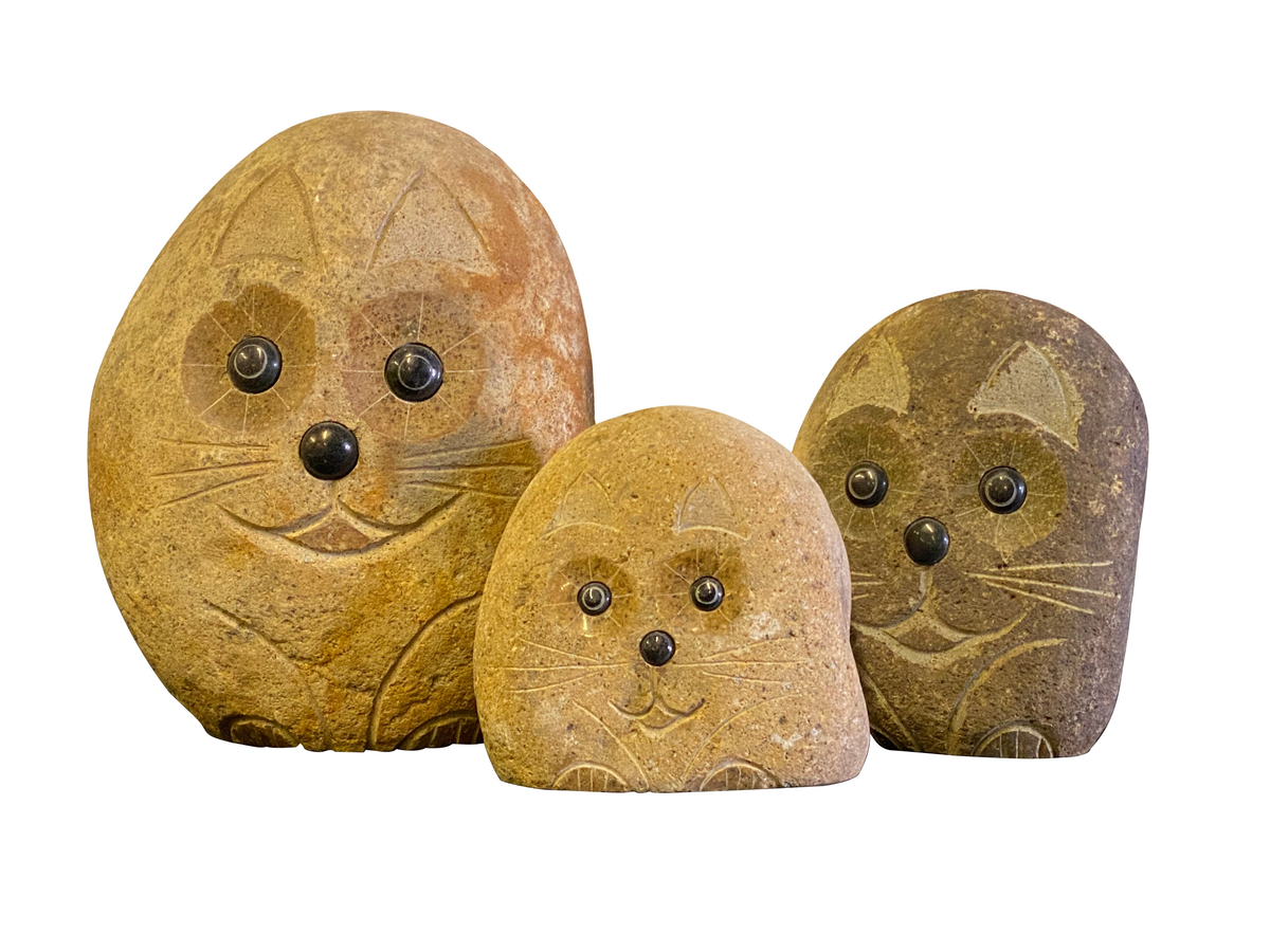 Family of hand-carved natural granite boulder stone cat sculptures in three sizes: 6&quot;, 8&quot;, and 12&quot;.