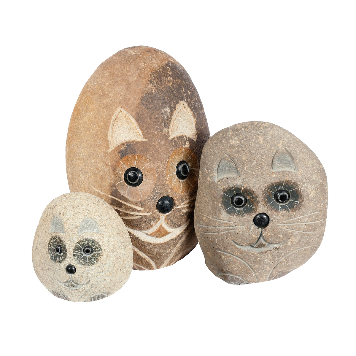 Hand-carved granite boulder cats, set of 3, varying sizes (4&quot;, 6&quot;, 8&quot;), eco-friendly garden decor.