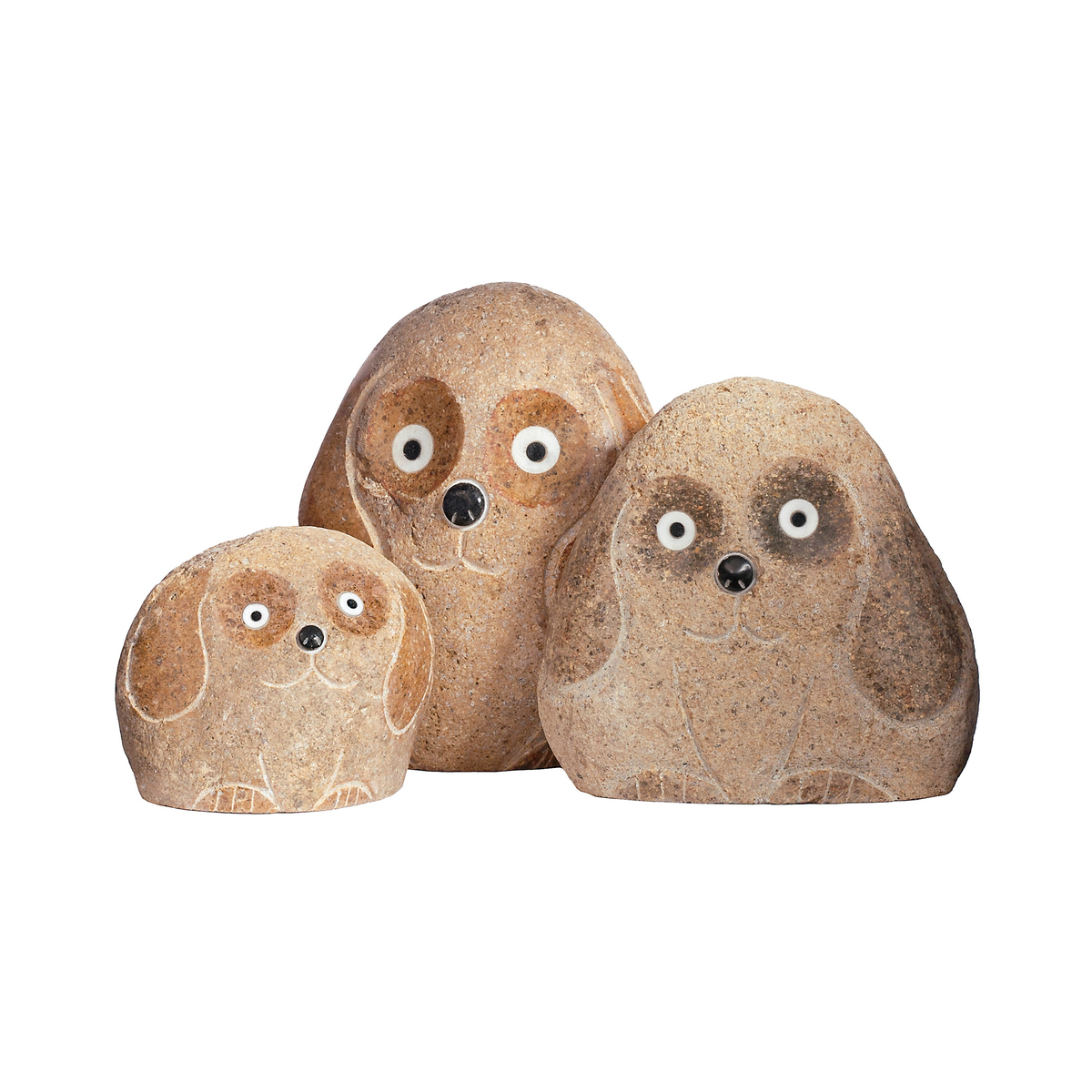 Hand-carved natural granite boulder stone dogs, family of three, sizes 4&quot;, 6&quot;, 8&quot;.