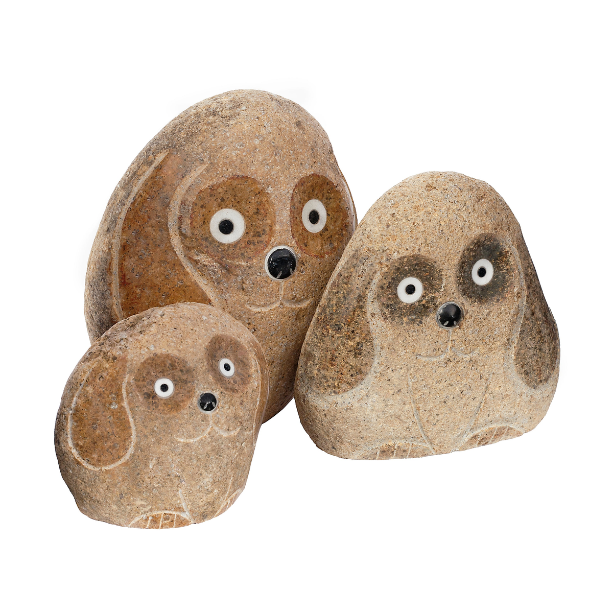 Hand-carved granite boulder stone dog statues, set of three sizes, 4&quot;, 6&quot;, and 8&quot;, perfect for garden decor.