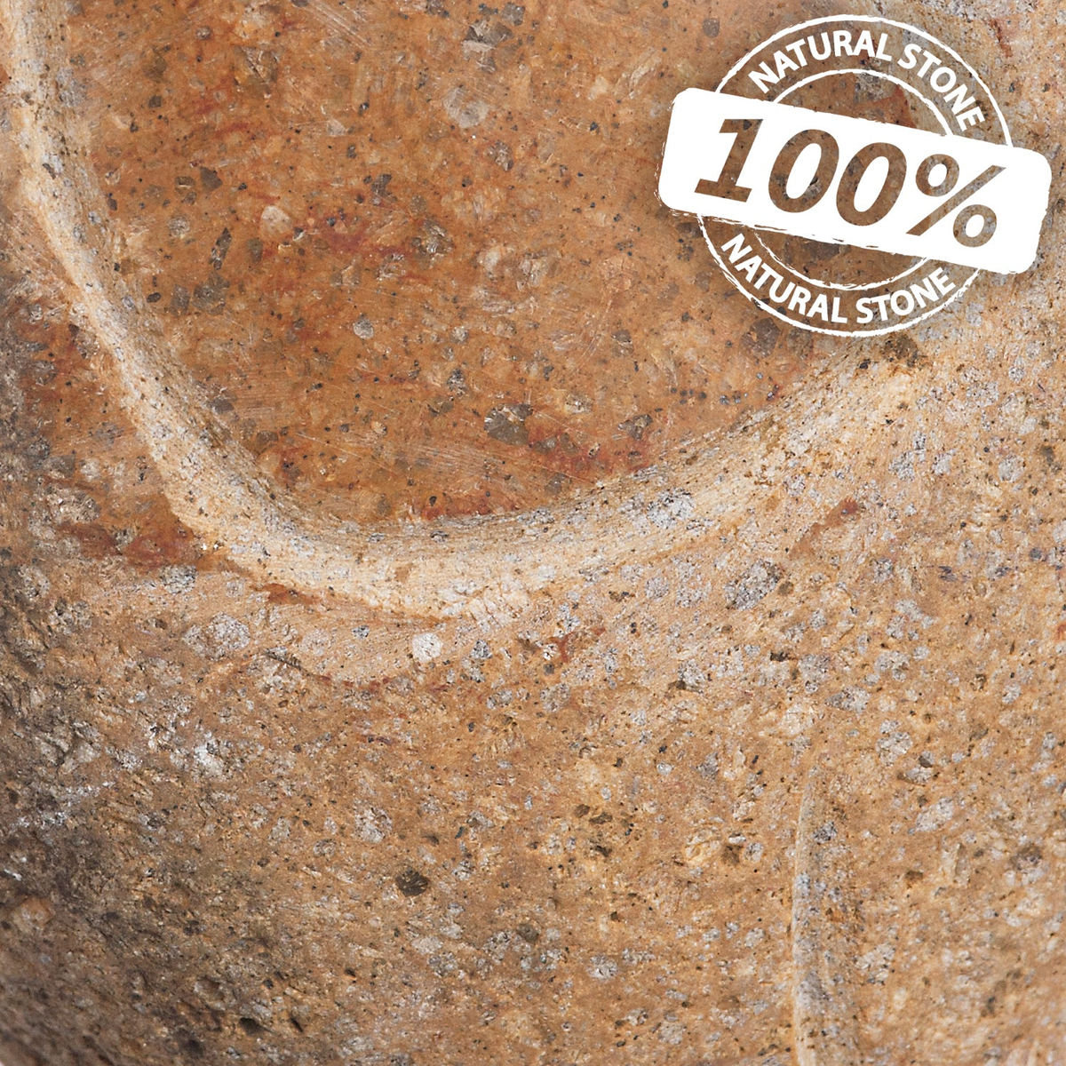 Close-up of natural granite boulder texture with 100% natural stone label.