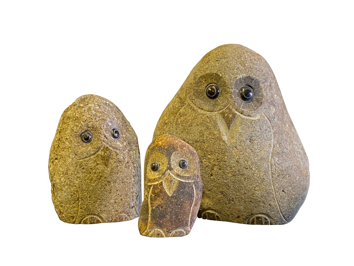 Family of hand-carved natural granite boulder stone owls, 3-piece set (6&quot;, 8&quot;, 12&quot;) with unique carvings and polished finish.