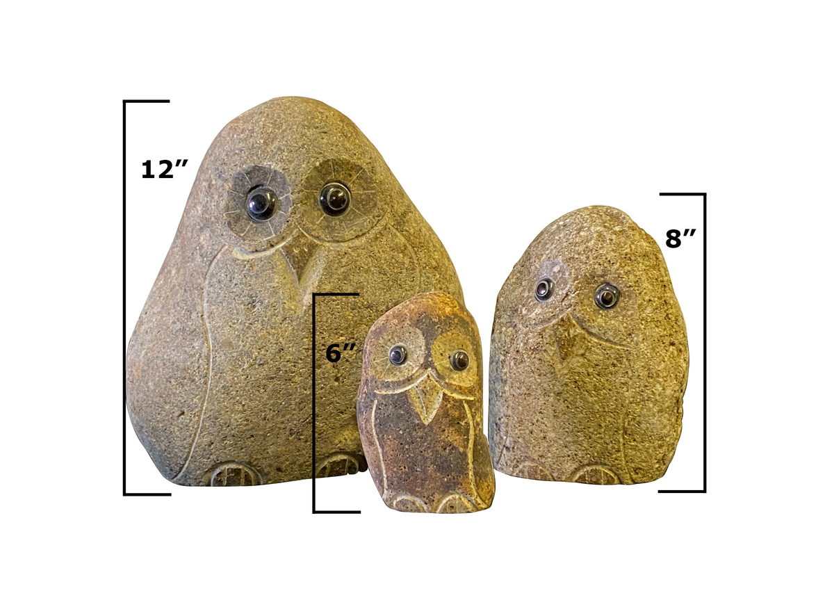 Hand-carved granite boulder owl family set in 6, 8, and 12-inch sizes.