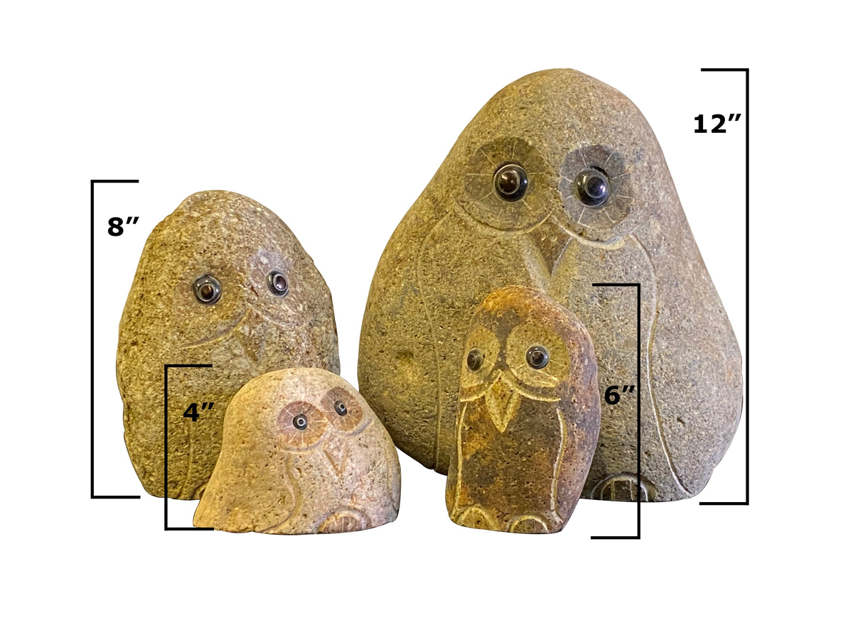 Hand-carved natural granite boulder stone owl family set, 4 sizes from 4&quot; to 12&quot;.