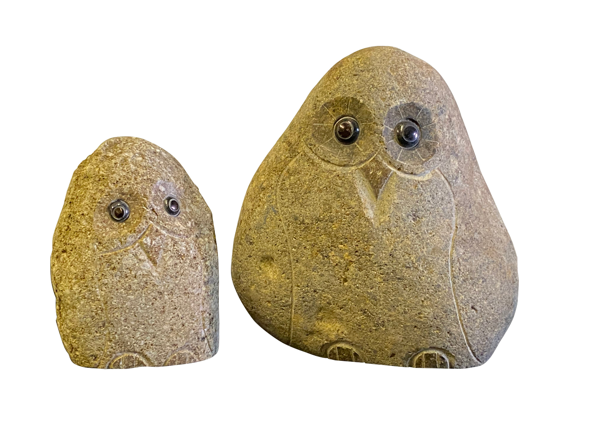 Family of hand-carved granite boulder stone owls, set of 2, showcasing unique natural textures and polished finish, perfect for garden or home decor.