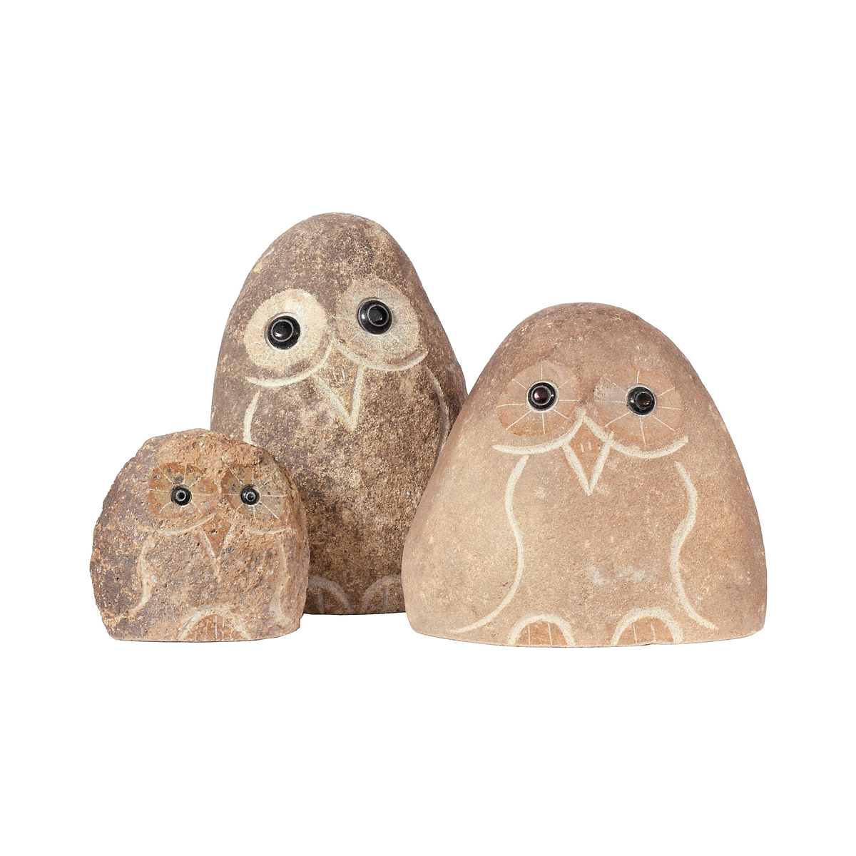 Hand-carved granite boulder stone owl family set, 3 pieces in varying sizes.