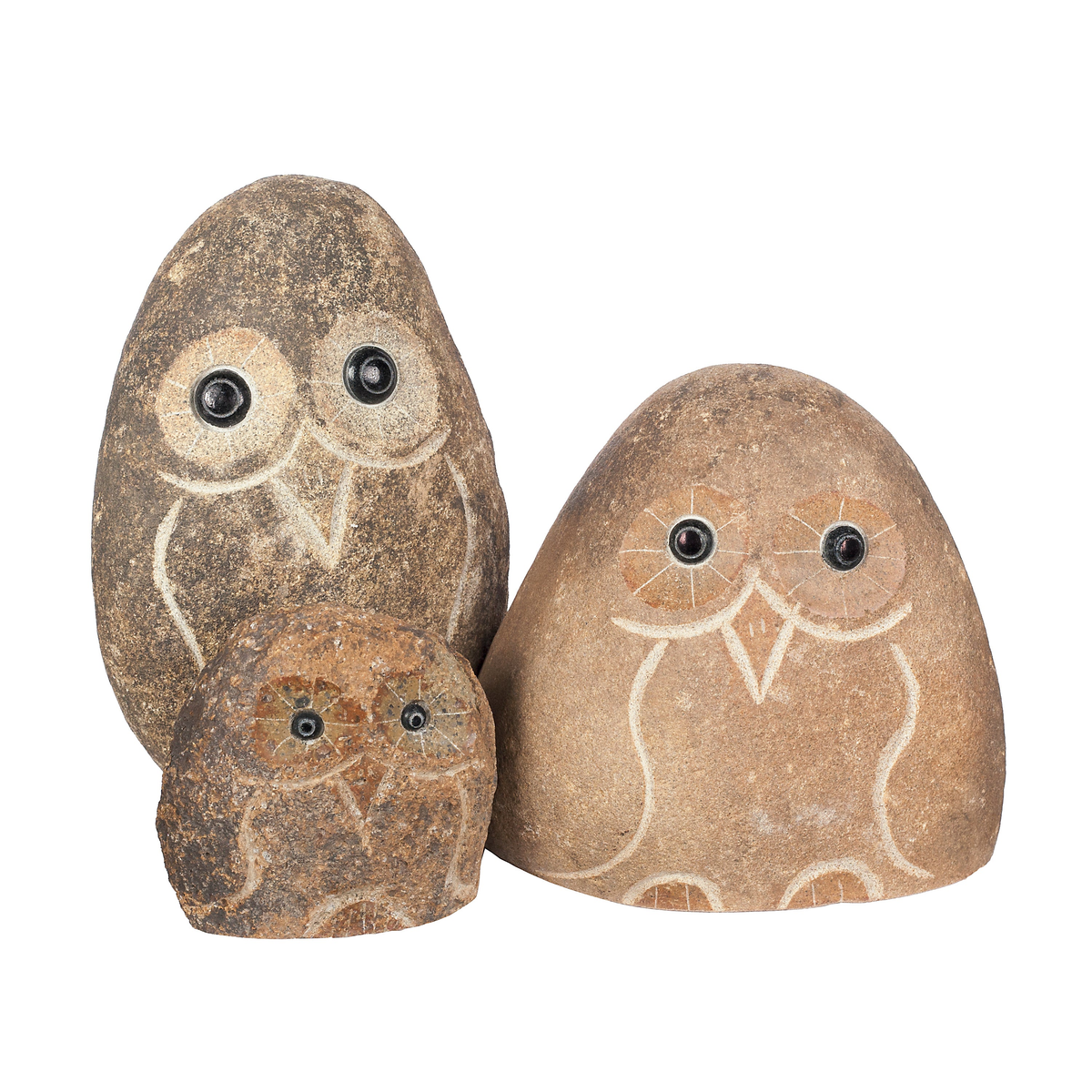 Hand carved natural granite boulder stone owl family set of three sizes (4&quot;, 6&quot;, 8&quot;) with unique polished finish.