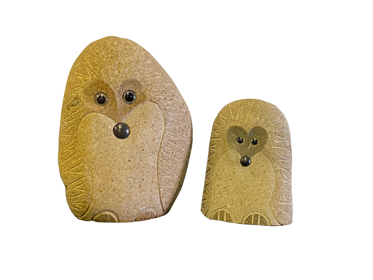 Hand-carved natural granite boulder stone hedgehog set for garden, family of two standing ornaments.