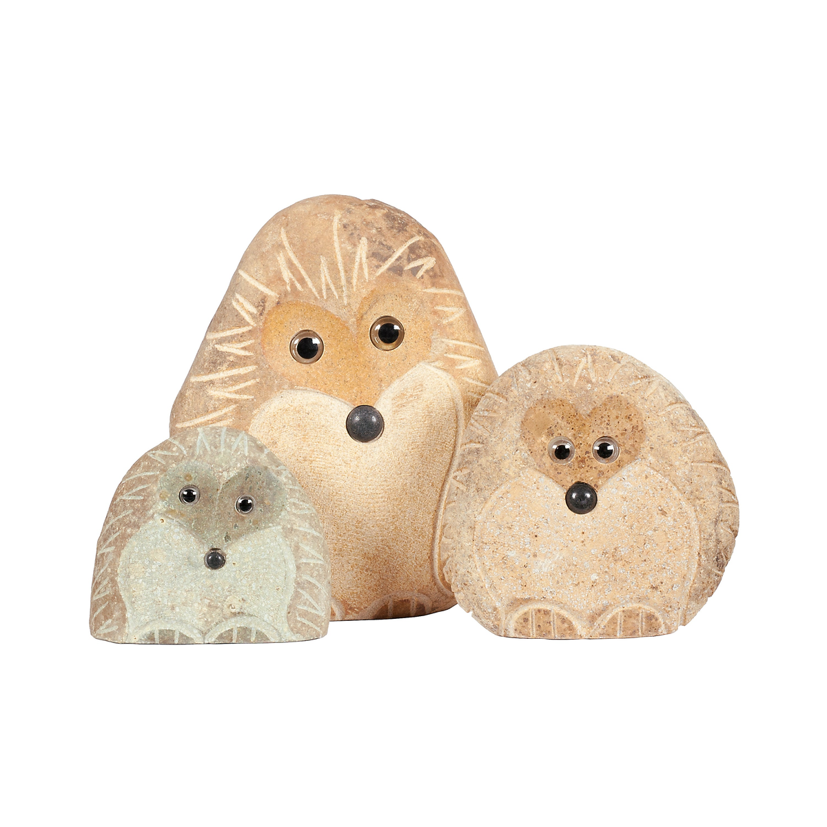 Hand-carved natural granite boulder stone hedgehog family set of three.