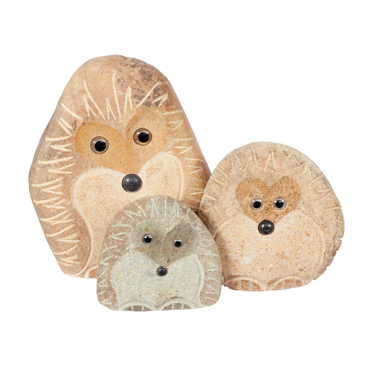 Hand-carved natural granite boulder hedgehog family set, 3 pieces in 4&quot;, 6&quot;, 8&quot; sizes, eco-friendly garden decor.