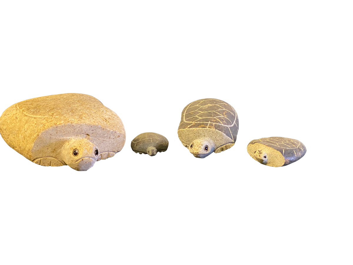 Hand carved natural granite boulder stone turtle family set of four.