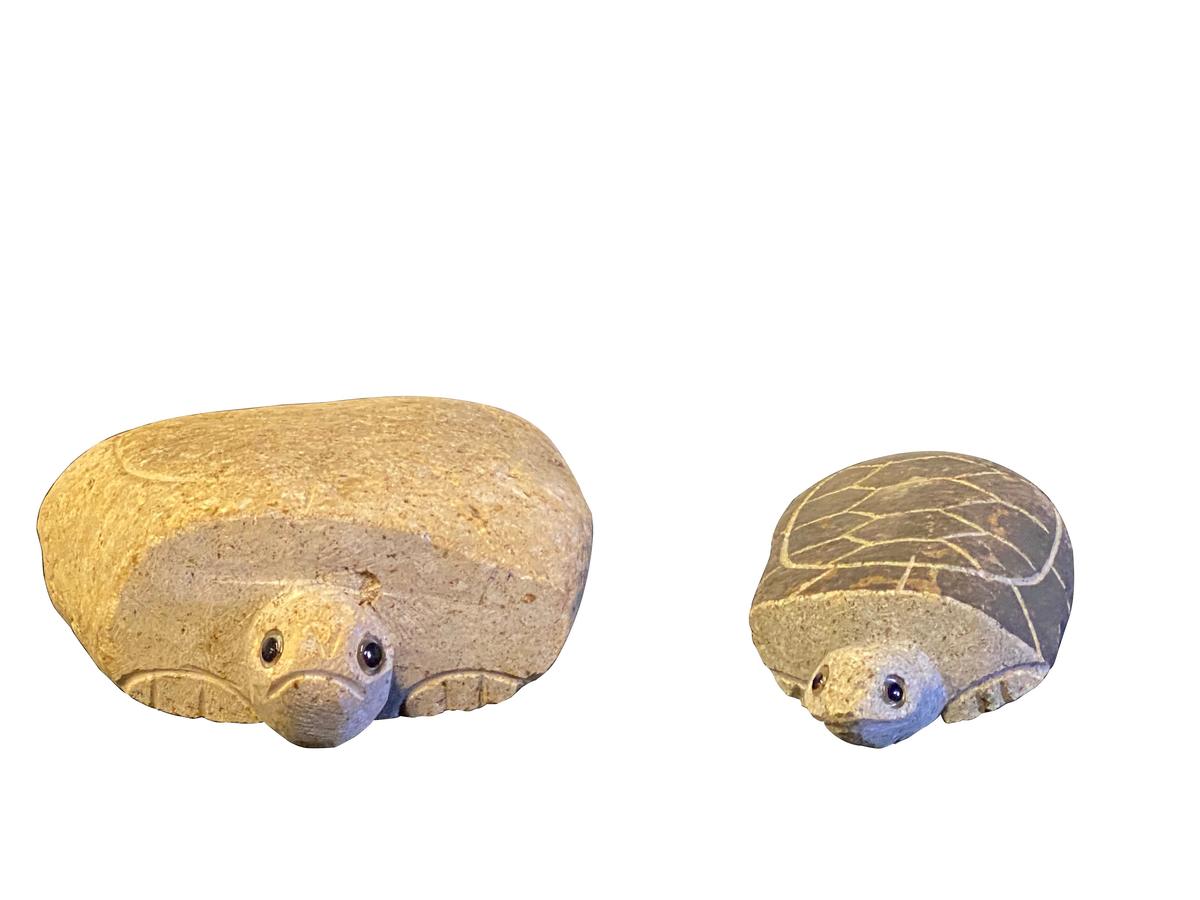 Hand carved natural granite stone turtle set for garden decor - 10&quot; and 14&quot;.