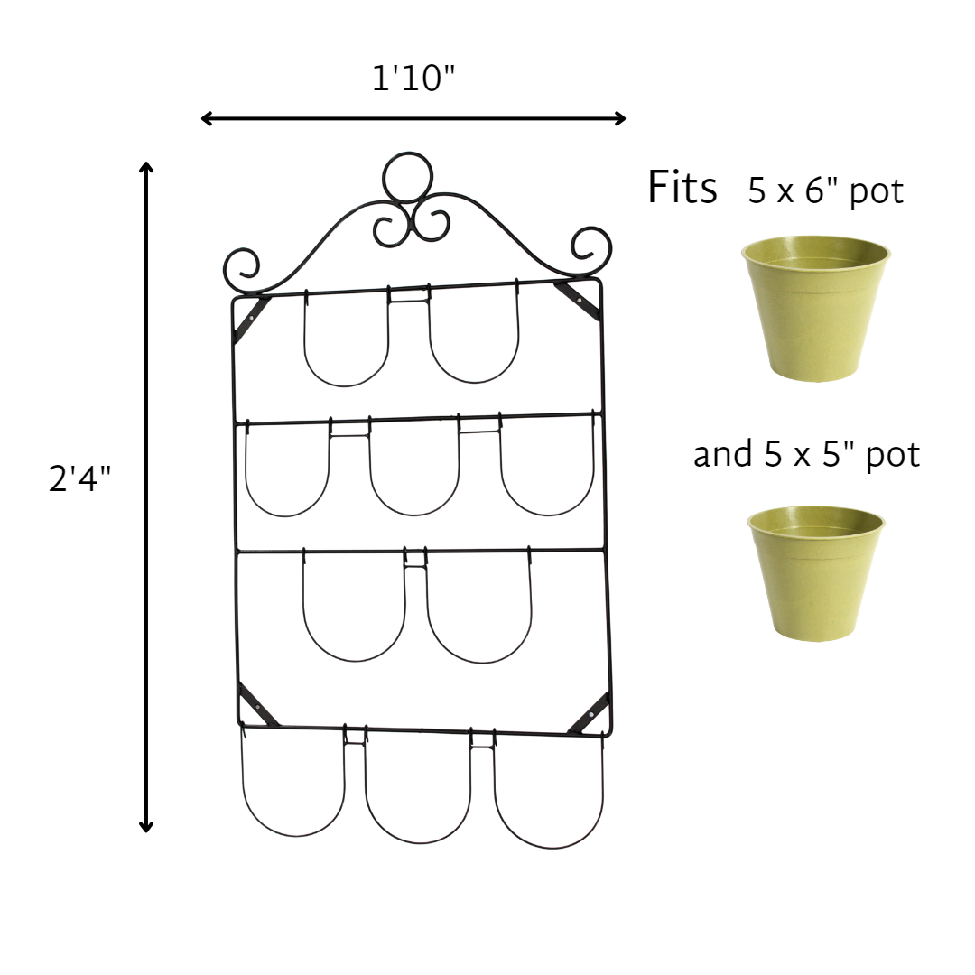 Italian style wall plant holder for 10 pots, powder-coated steel, 6&quot;L x 22.5&quot;W x 28&quot;H.