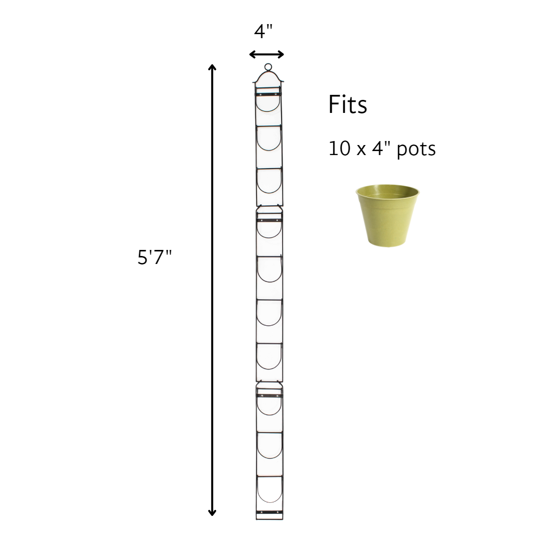 Tall wall plant holder with 10 slots for 4&quot; pots, ideal for vertical gardening.