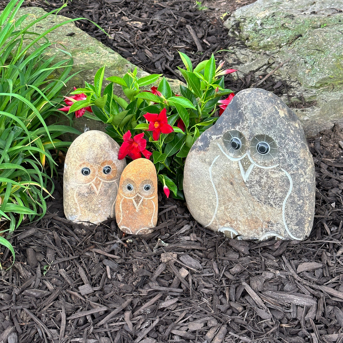 Hand-carved natural granite boulder stone owls in three sizes, displayed outdoors near plants.