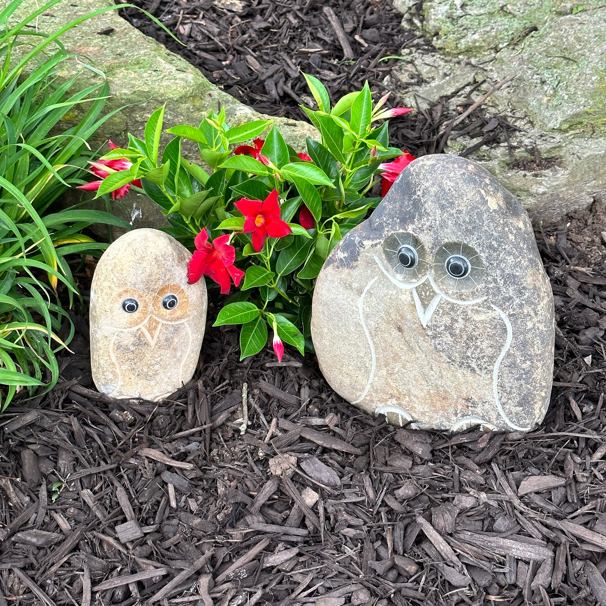 Hand-carved natural granite boulder stone owl set, 8 and 12 inches, garden decor.