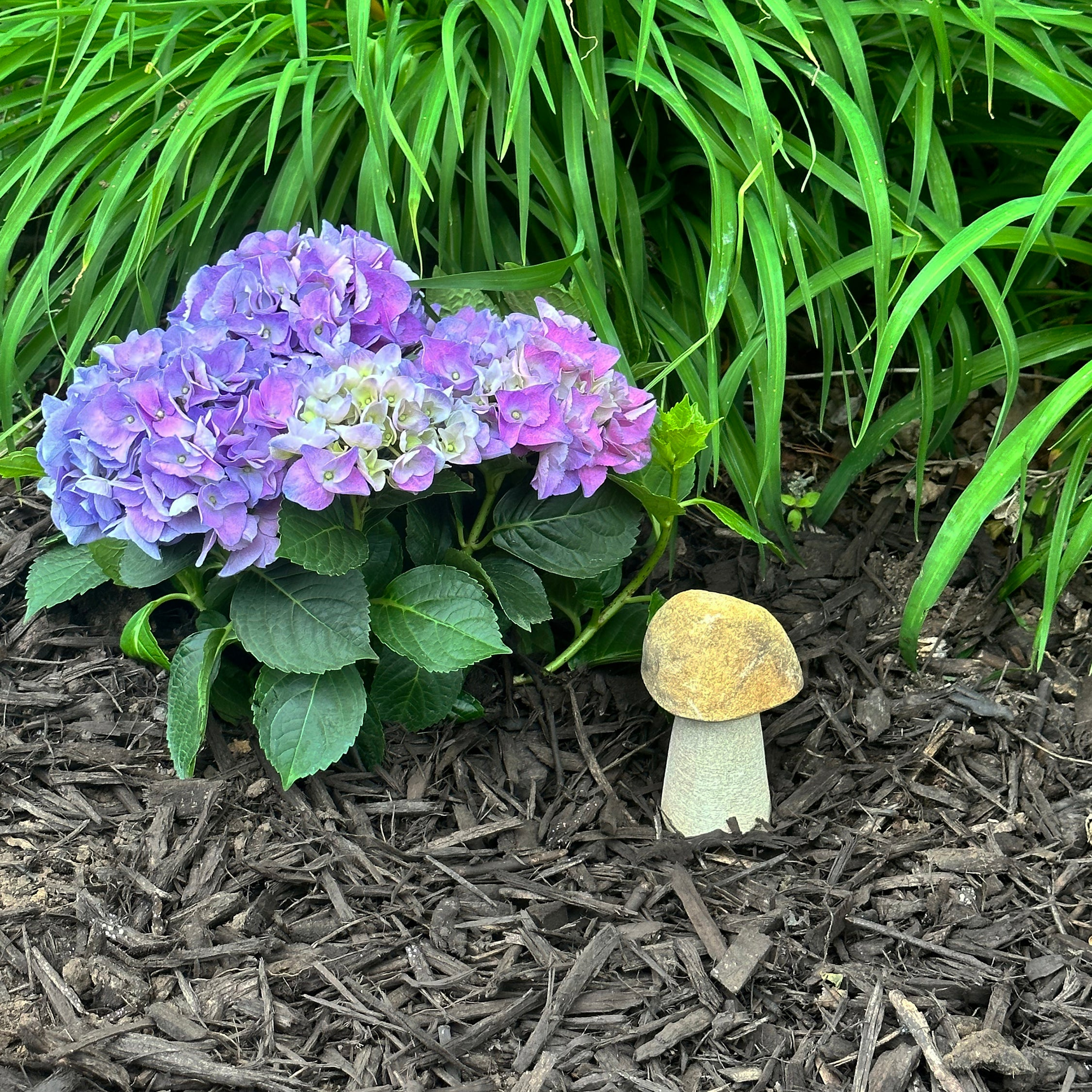 Hand carved natural granite mushroom stone in garden setting.