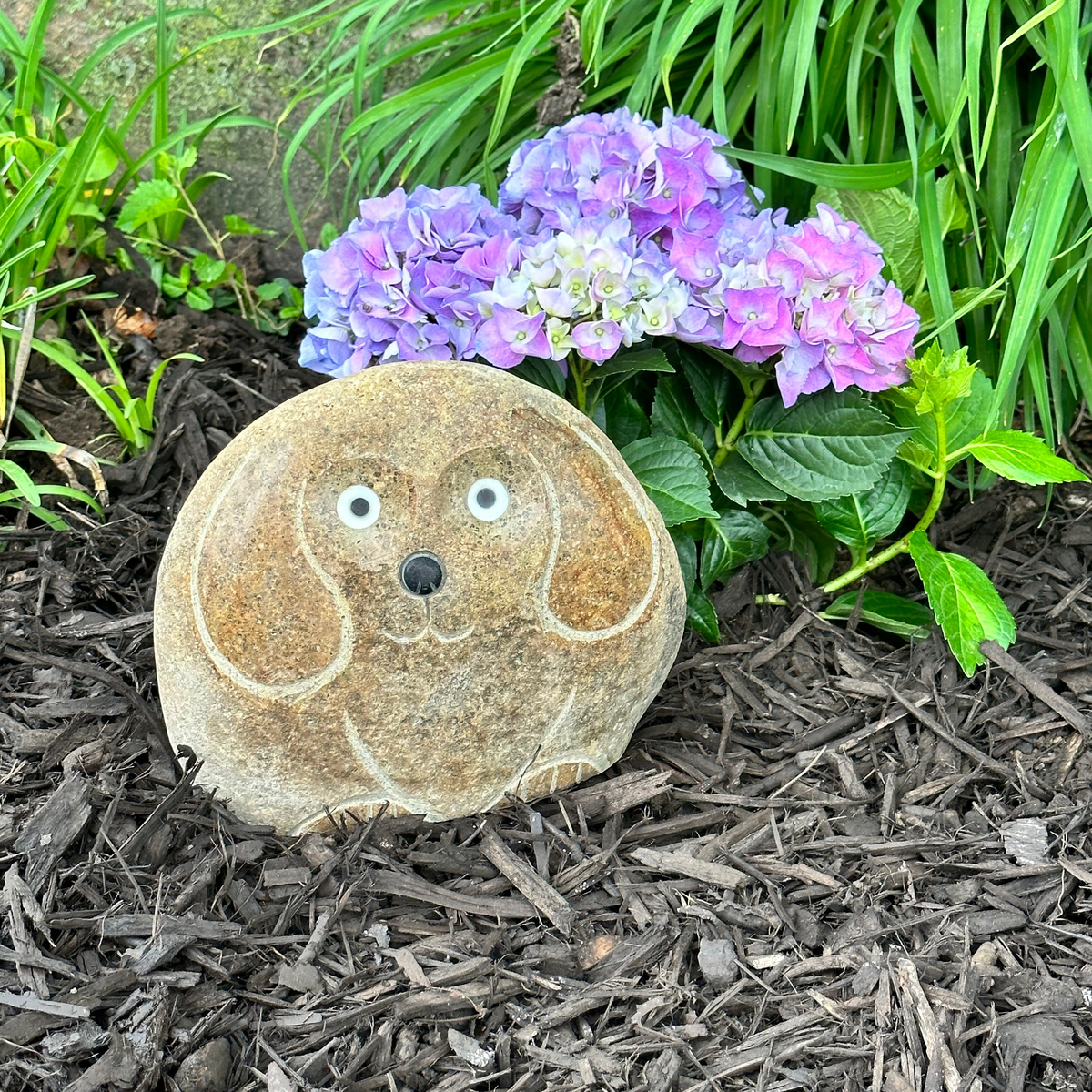 Hand carved natural granite boulder dog with polished ears in garden setting.