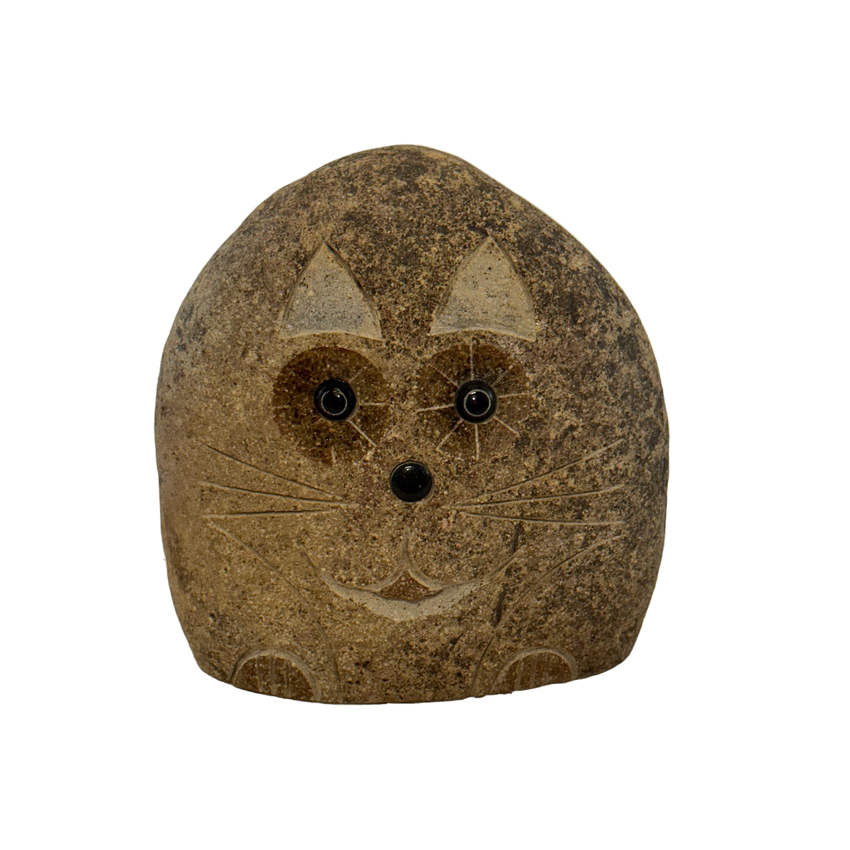 Hand carved natural granite 12&quot; boulder stone cat with unique details, ideal for garden decor.