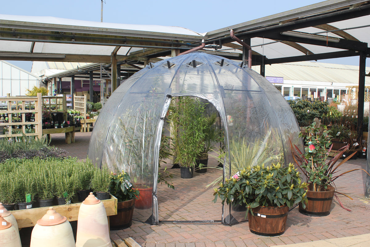 Walk-In Greenhouse on display in garden center with clear dome structure, featuring plants inside.