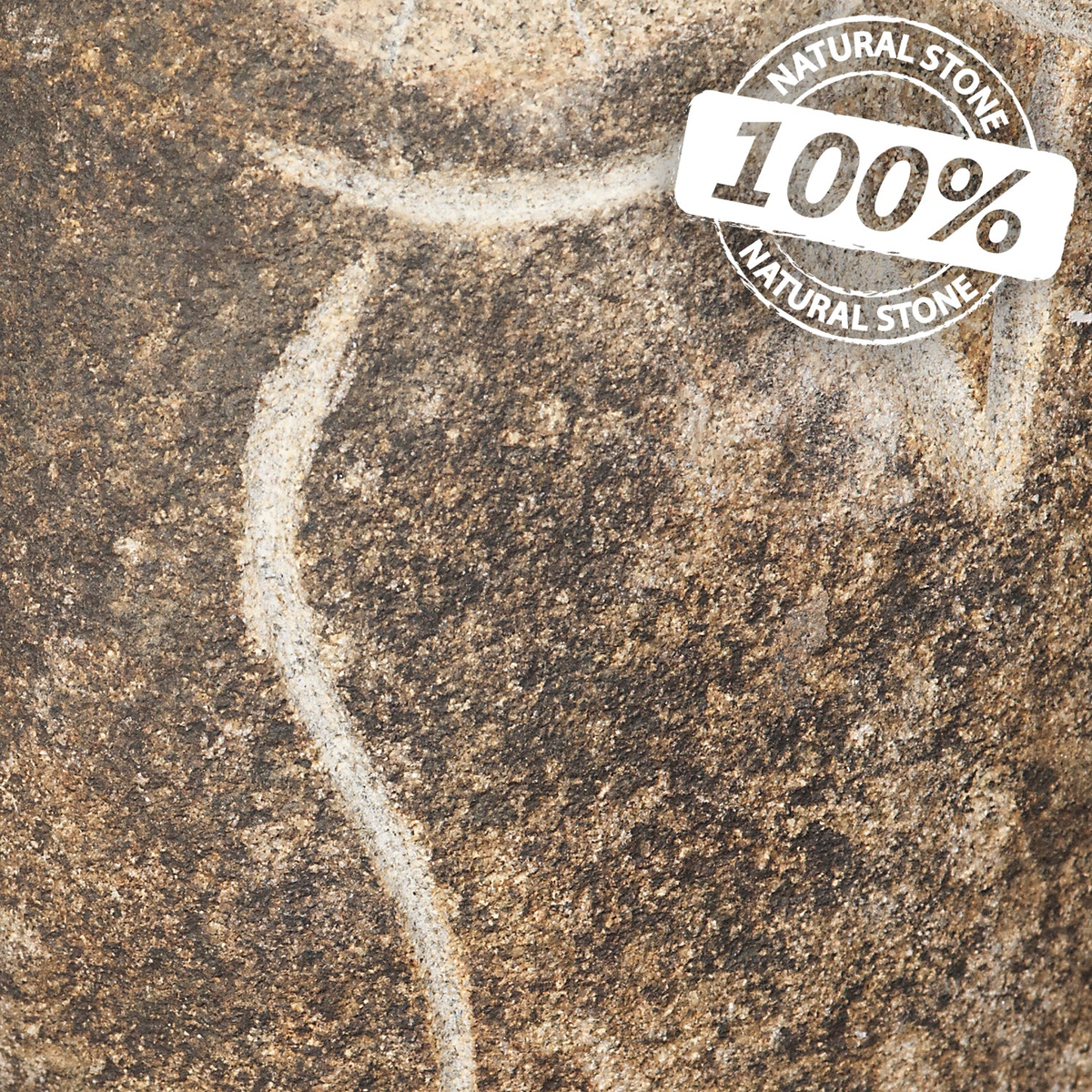 Natural granite boulder stone texture with a 100% natural stone label.