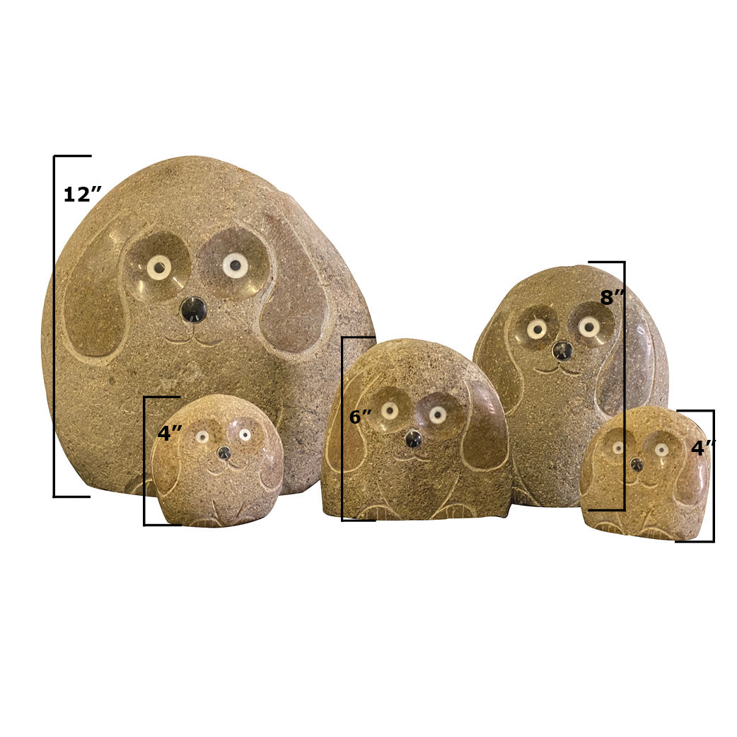 Family of hand-carved natural granite boulder stone dogs, 5-piece set in varying sizes, for garden or home décor.