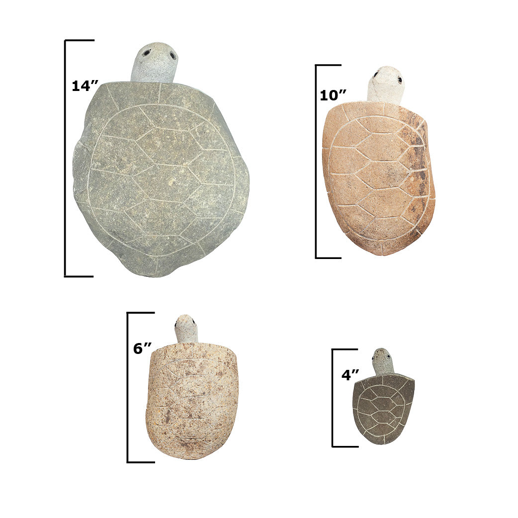 Hand-carved natural granite boulder stone turtle set; four pieces, sizes 4&quot; to 14&quot;, eco-friendly garden ornaments.