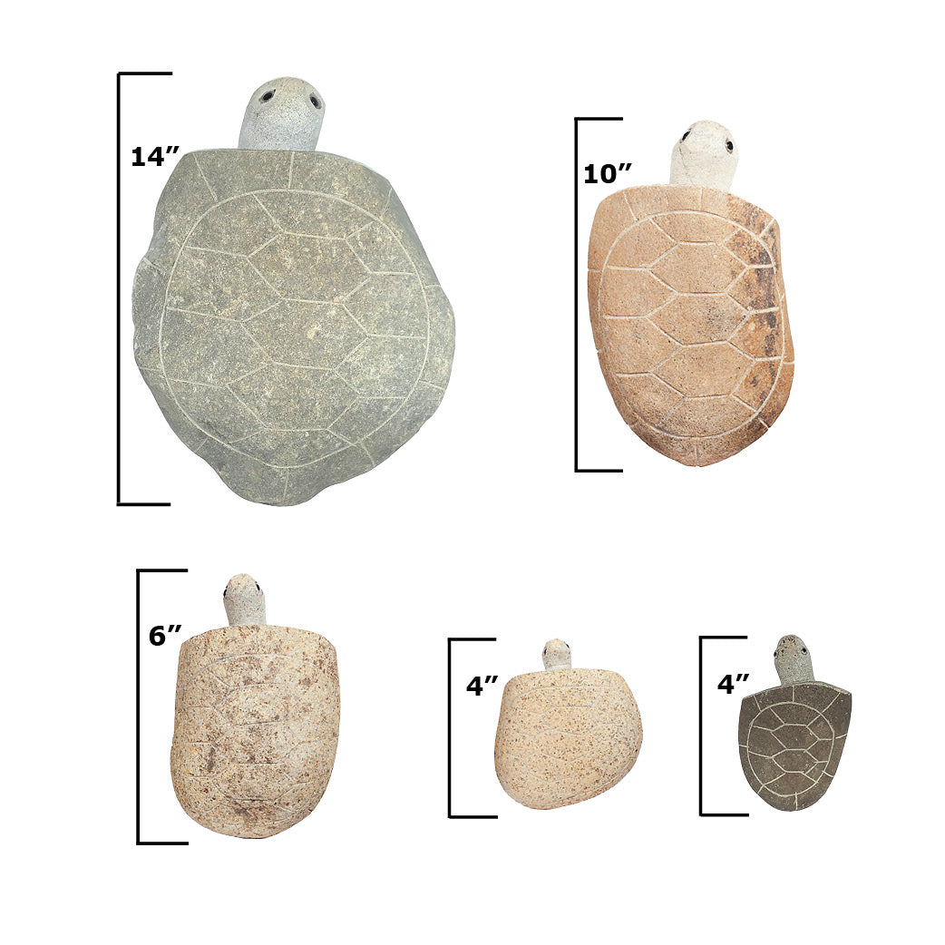 Hand-carved granite boulder stone turtle set, 5 pieces ranging from 4&quot; to 14&quot;, garden decor.