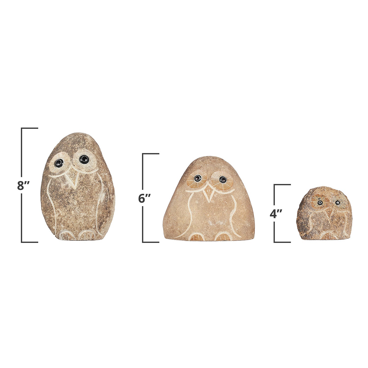 Family of hand-carved granite boulder stone owls, 3-piece set measuring 4&quot;, 6&quot;, and 8&quot;, showcasing unique craftsmanship and polished finish.