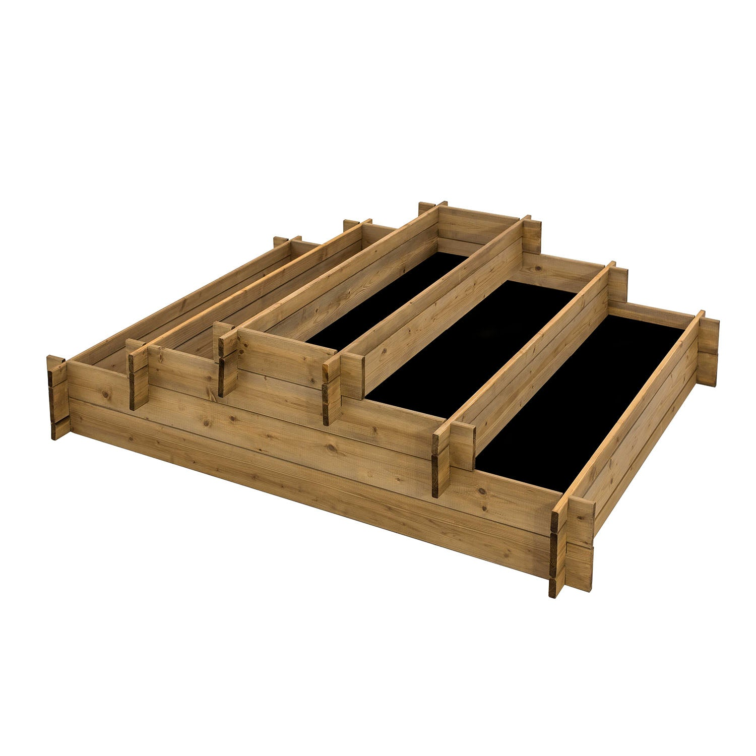 Tiered five-section wooden raised garden bed, 55" x 44.5" x 14.6", FSC-certified wood.