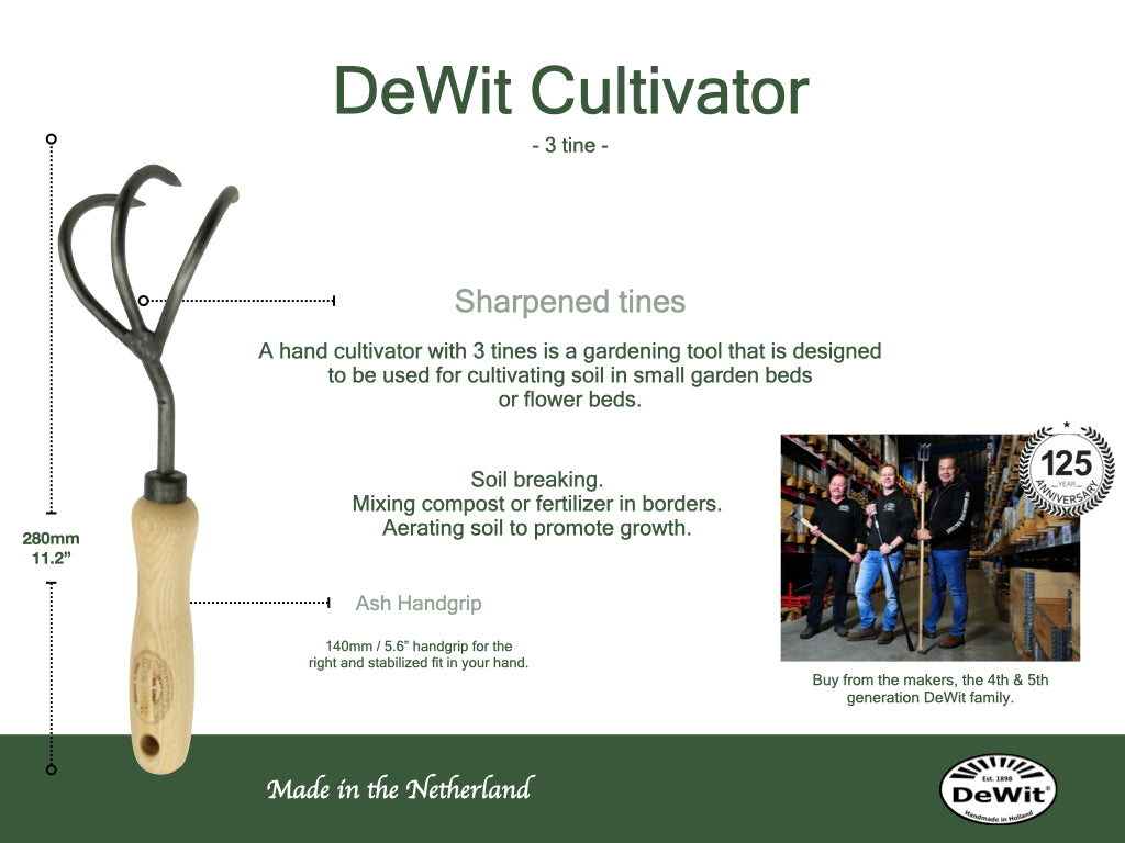 DeWit 3 Tine Cultivator, Head: 3&quot;L x 3&quot;W; Total:11.5&quot;L  0.5lbs