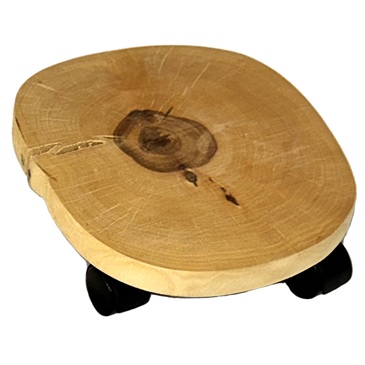 Round natural birch wooden plant caddy with swivel casters, measuring 9.8&quot;-11.8&quot; in diameter.