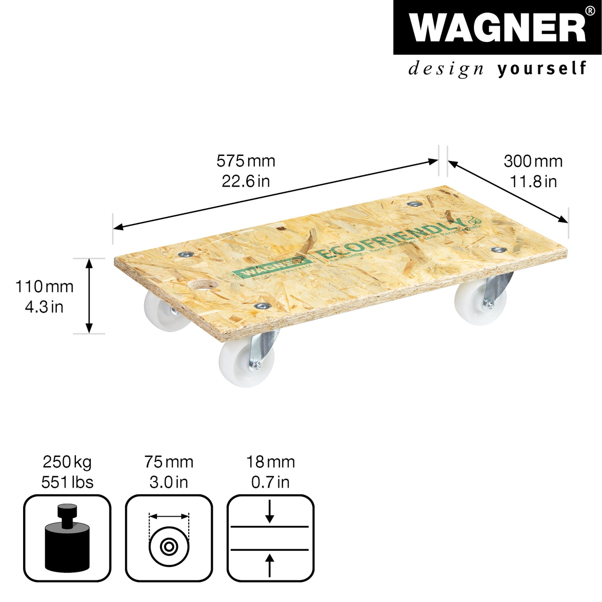 23&quot; x 12&quot; 550 lb capacity wood furniture moving dolly with rubber wheels, eco-friendly OBS plate, and Wagner quality seal.