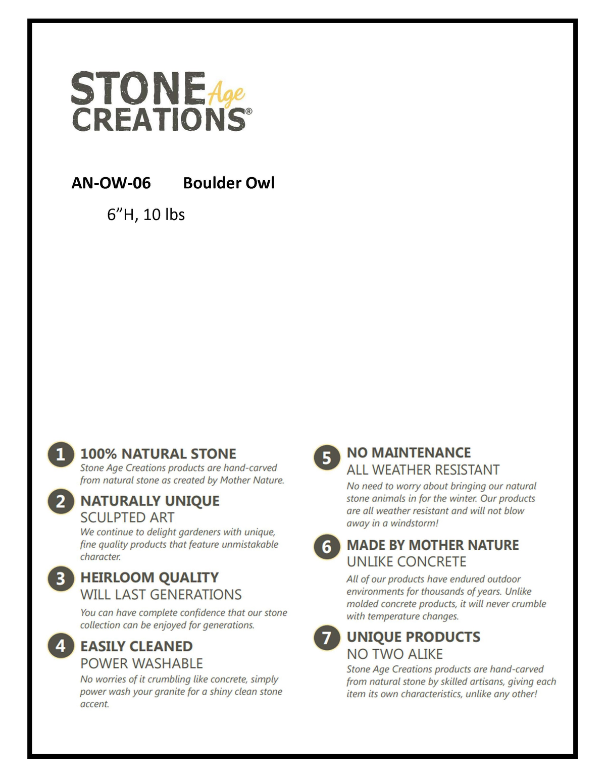 Hand carved natural granite 6&quot; boulder stone owl brochure featuring product details.