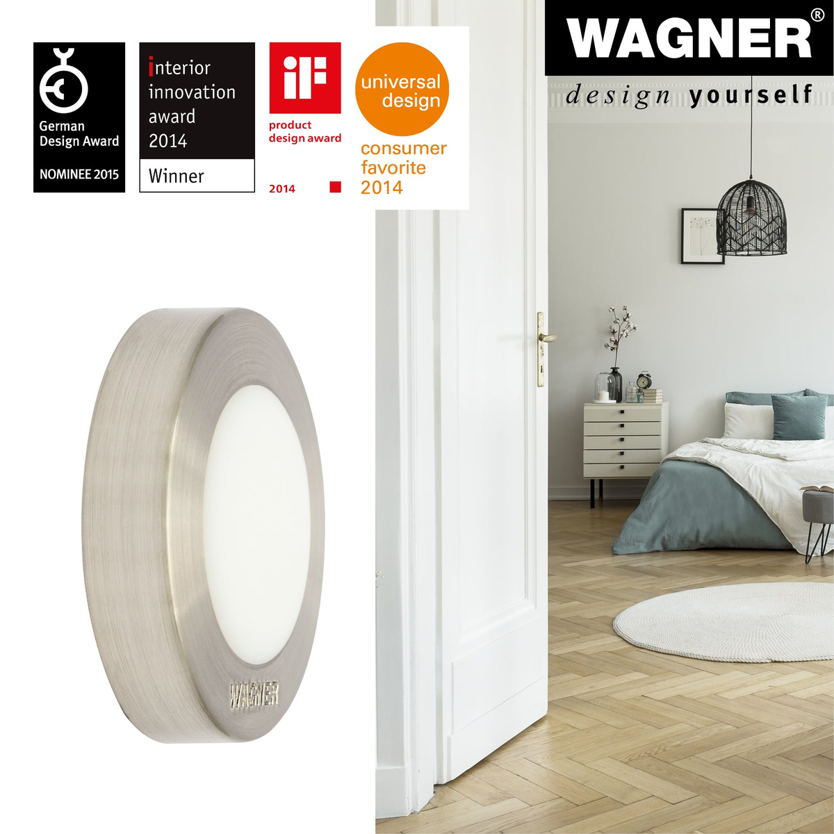 Silver and white door stopper, 1.5&quot; x 1.5&quot; x 0.39&quot;, wall mount with rubber protector, by WAGNER.