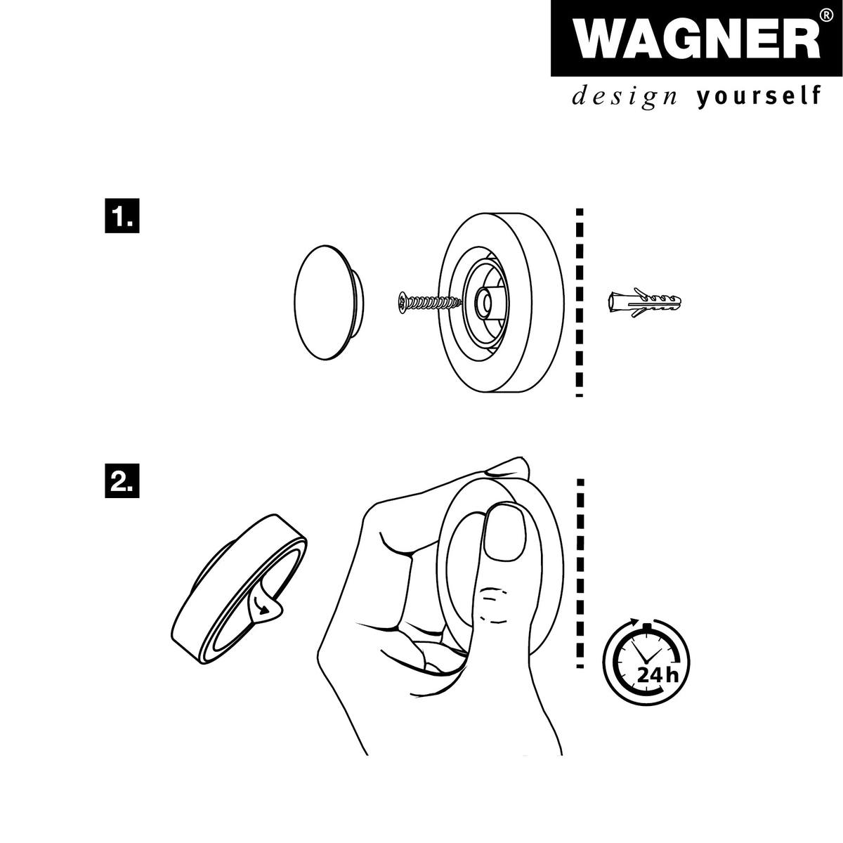 Installation guide for WAGNER wall-mounted door stopper with adhesive pad and hardware.