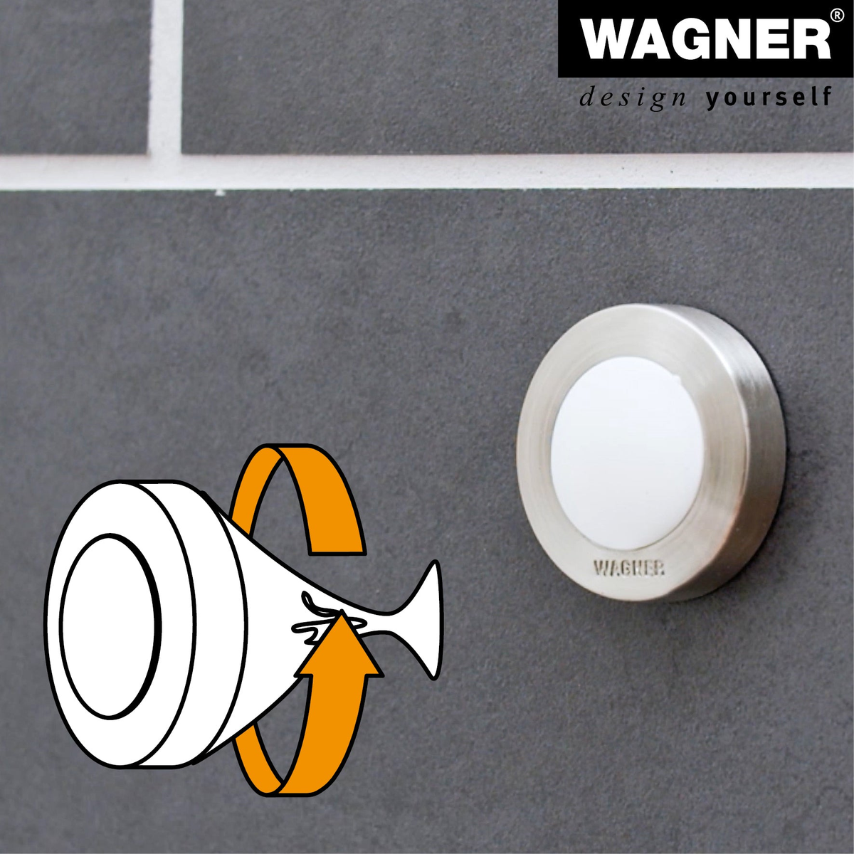 Wall-mounted silver and white door stopper by WAGNER, 1.5 x 1.5 x 0.39 inches, with rubber protector and adhesive pad for easy installation.