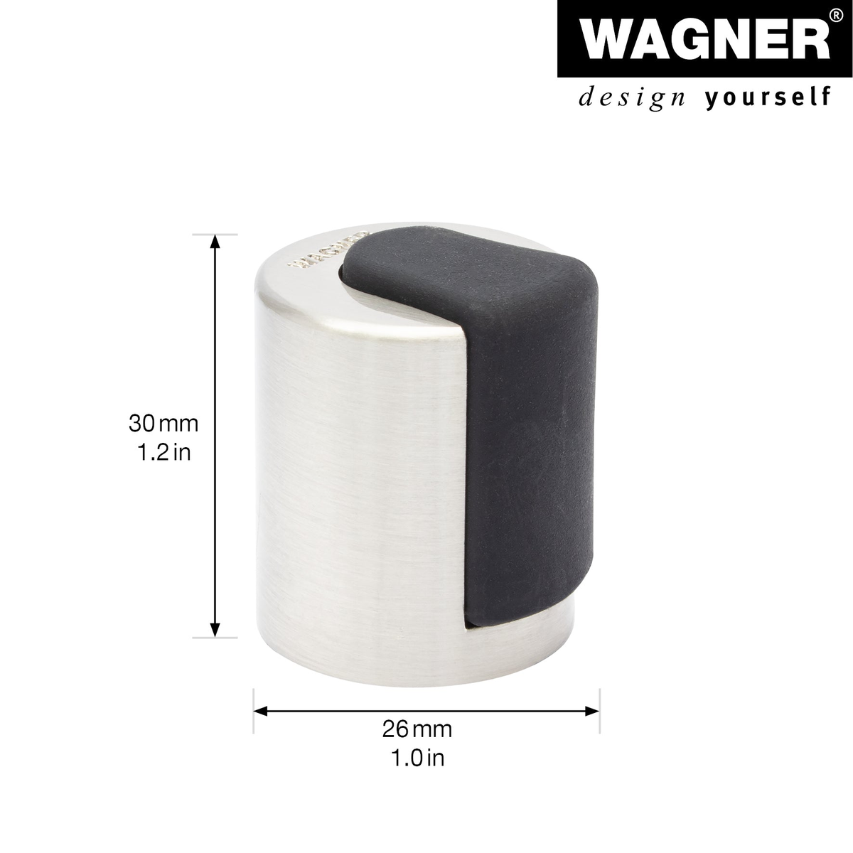 Door stopper in brushed metal, 0.98x0.98x1.18 inches, satin zinc finish with thermoplastic rubber padding.