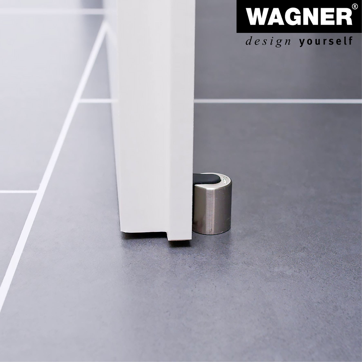 Door stopper, brushed metal with thermoplastic rubber base, floor-mounted, 0.98&quot; x 0.98&quot; x 1.18&quot;, protecting surfaces and minimizing noise.