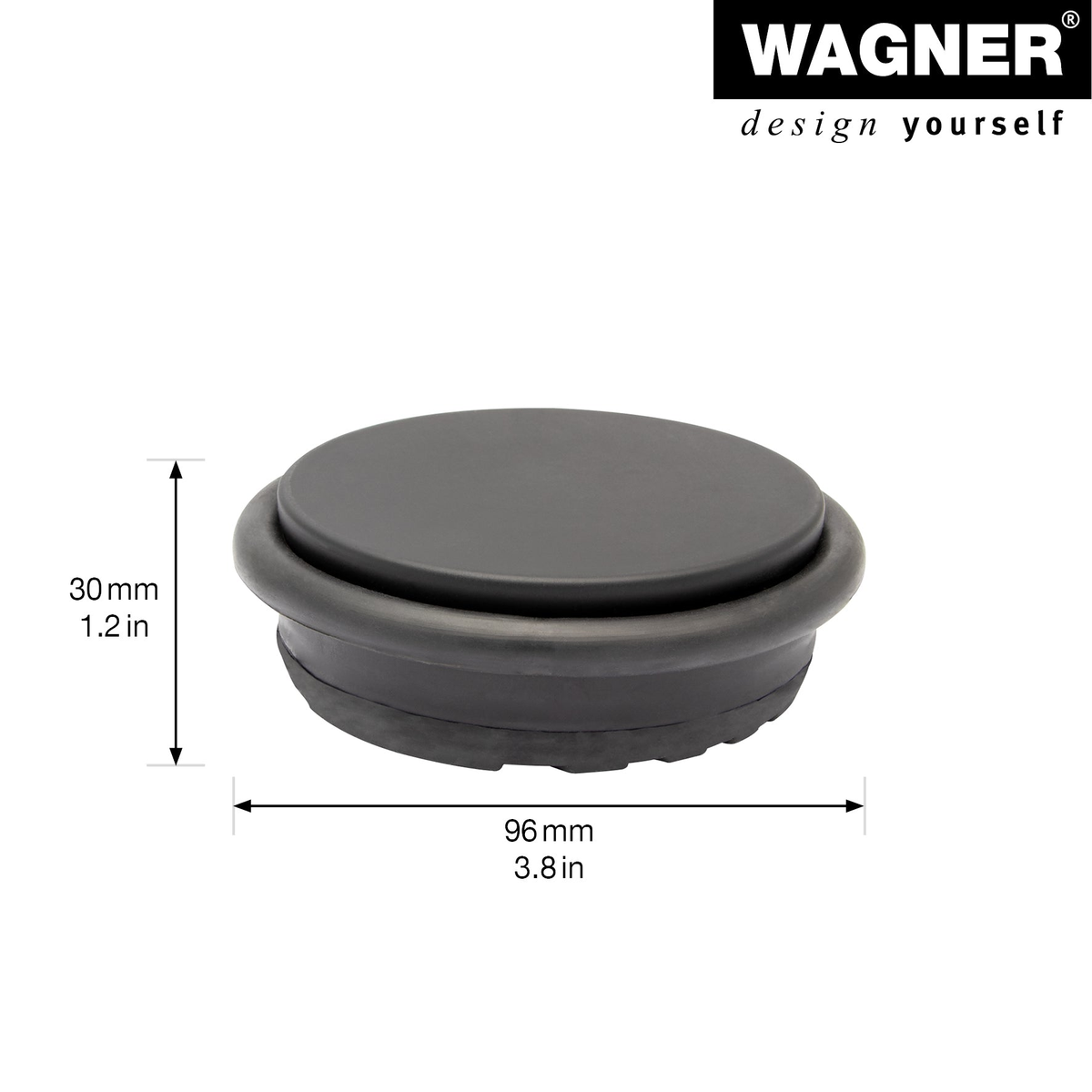 Black door stopper by WAGNER, 3.86&quot; x 3.86&quot; x 1.18&quot;, with thermoplastic rubber pad and steel construction for floor mounting.