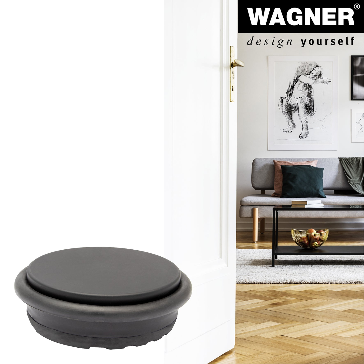 Black floor-mounted door stopper by WAGNER, 3.86 inches in diameter, features industrial steel and a thermoplastic rubber pad for noise reduction and floor protection.