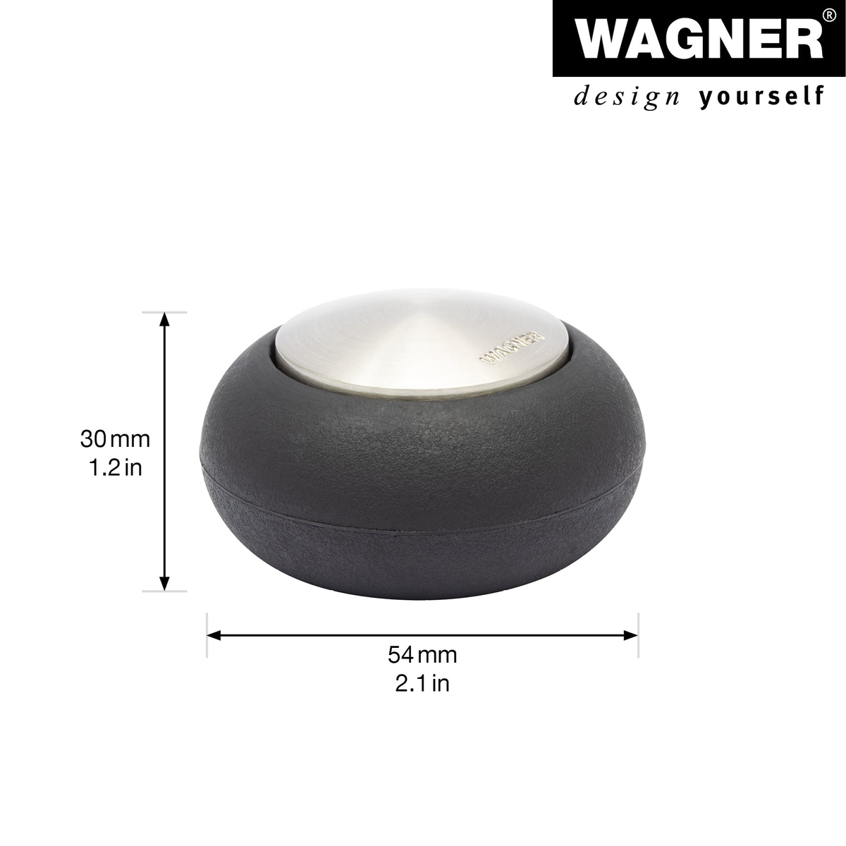 Satin-finish round door stopper, 2.13&quot;x2.13&quot;x1.18&quot;, die-cast zinc, stainless steel look, noise reduction, wall protection, WAGNER.