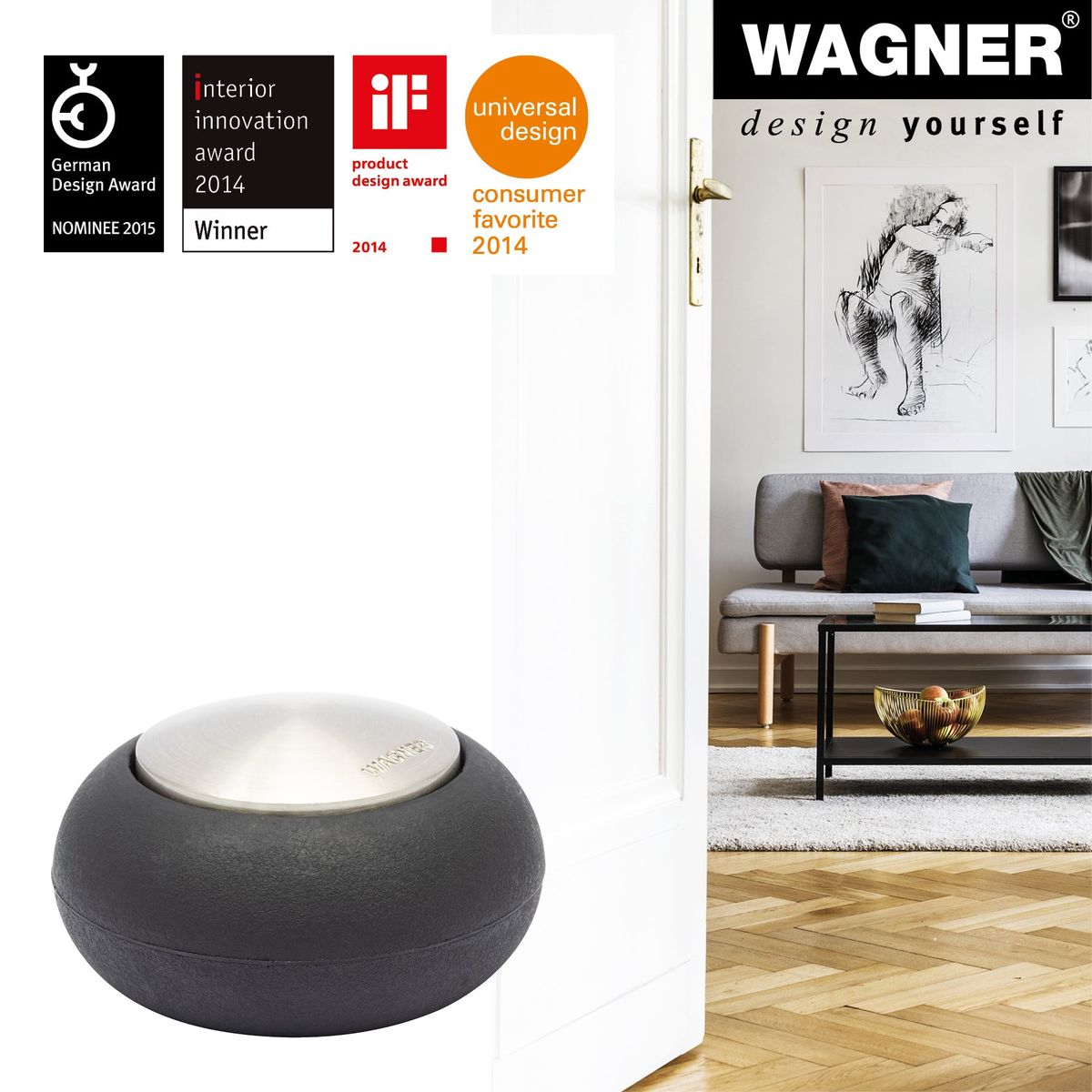 Satin-finish round door stopper by WAGNER, 2.13 x 2.13 x 1.18 inches, floor mount or adhesive option, sleek zinc die-cast with rubber protector.