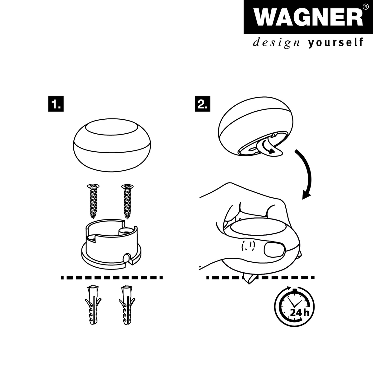 WAGNER door stopper installation guide with adhesive and screw options.