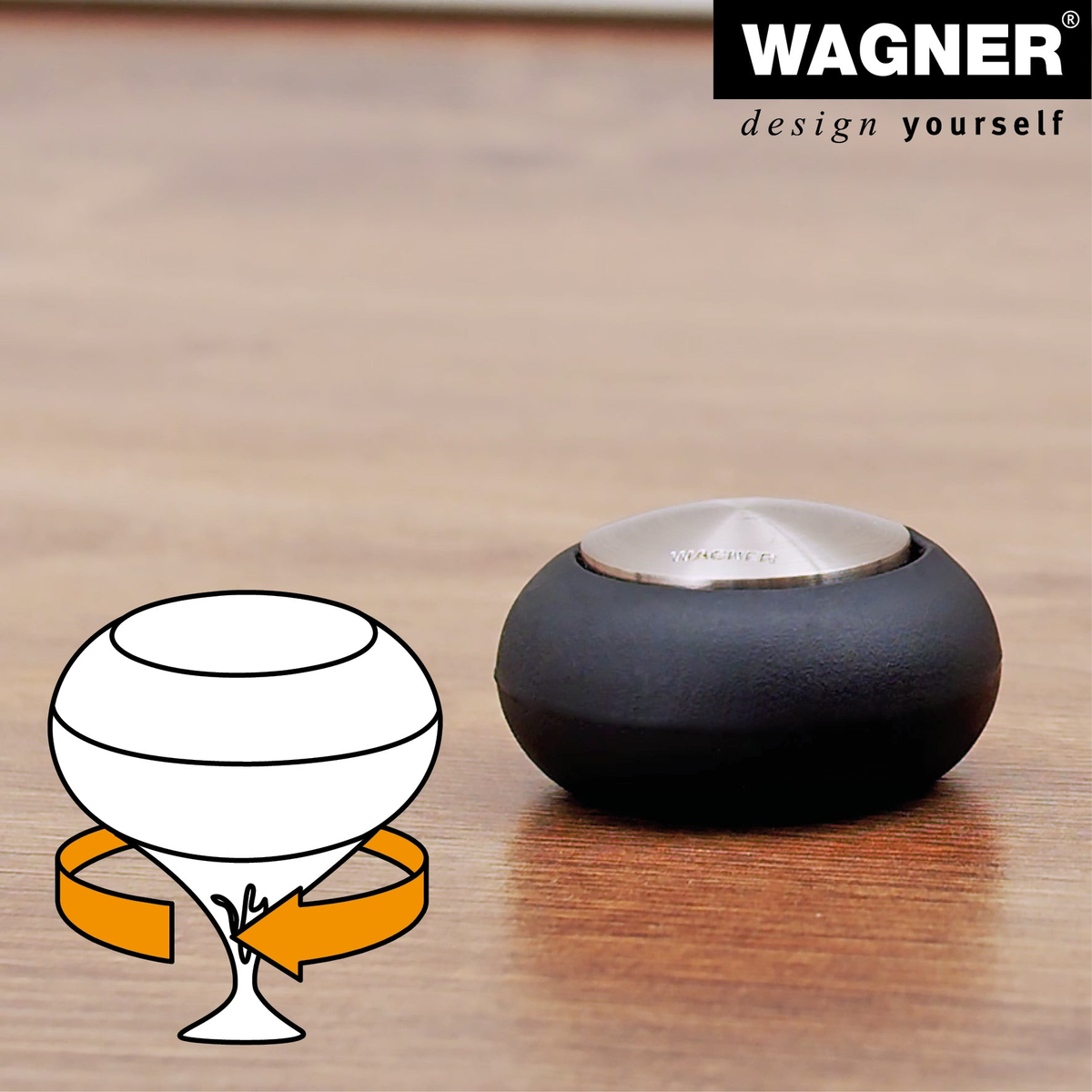 WAGNER Satin-Finish Round Door Stopper, 2.13&quot; x 2.13&quot; x 1.18&quot;, with thermoplastic rubber protector on wooden floor.